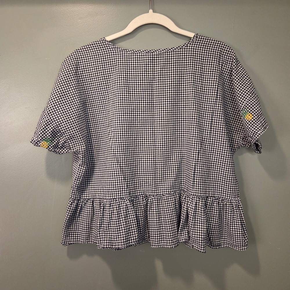 Girl Krazy Women's Pineapple Print Embroidered Gingham Peplum Bouse, Size L - Picture 2 of 10